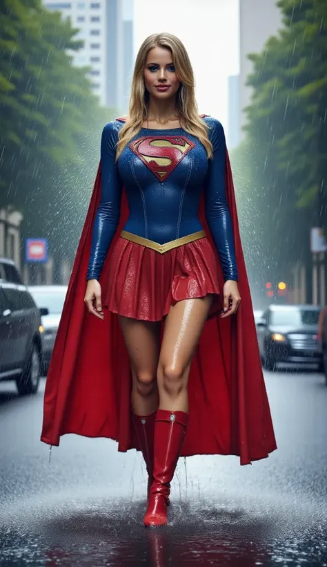 (WEARING A SUPERGIRL SPANDEX COSTUME AND CAPE) A VERY SEXY BLUE EYED, YOUNG  BLONDE FEMALE WEARING A SUPERGIRL COSTUME AND CAPE. SOAKING WET FROM THE RAIN OUTSIDE WALKING. COMPLETELY SOAKED AND WET.4K, 8KHAIR AND CLOTHESB AND CAPE DRENCHED IN RAIN. 4K RAIN...