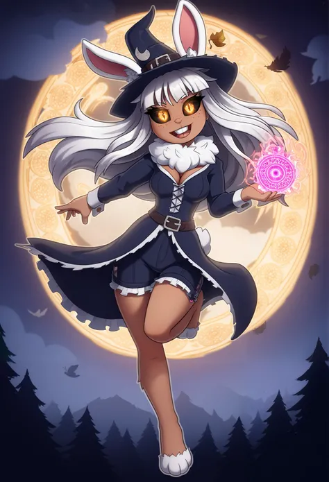 young woman, brown skin, chocolate brown skin, bunny features, bunny ears, floppy ears, white hair, orange eyes, black sclera, mysterious eyes, witches hat, frilled witches hat, witch attire, detailed attire, long sleeves, robe dress, black shorts, ancient...