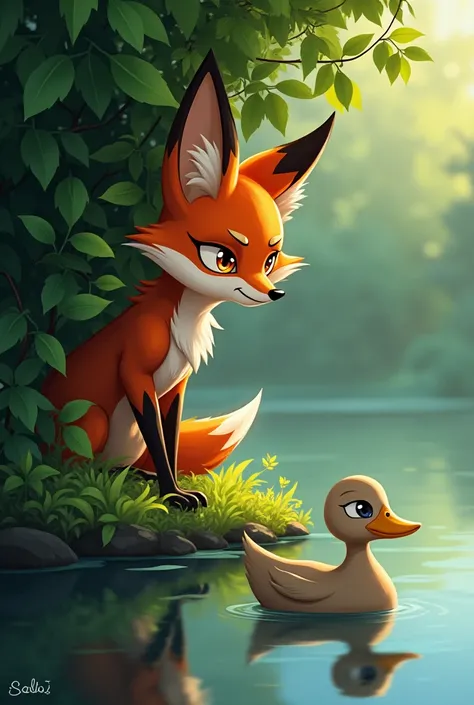 A sly fox named Lallu, standing behind a bush, watching the duck near the lake with a cunning smile."
