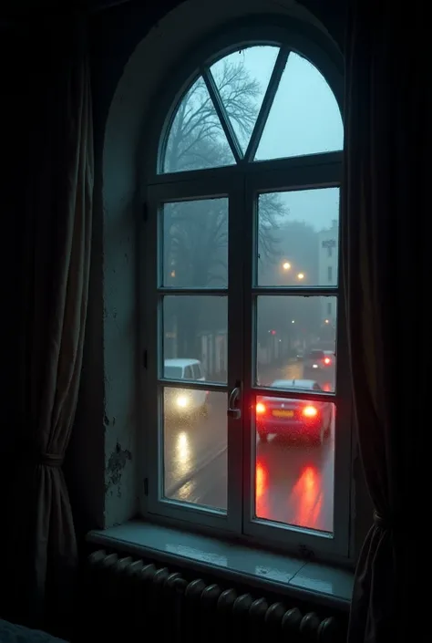 A big arched window and outside it is a bit dark there is trafic and the lights of the car are reflecting on the old lady’s face who is inside we can barely see here because in the house it is dark and there are only little lights. There are also big trees...