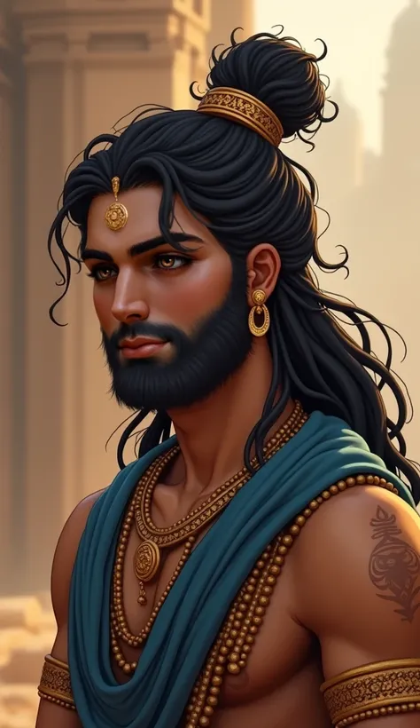 Generate an image of Shri Ram, in his traditional royal attire, leaving for exile with Sita and Lakshman. His calm expression shows resolve and determination. His long dark hair is tied in a bun, and he is wearing a blue shawl, simple gold earrings, and a ...