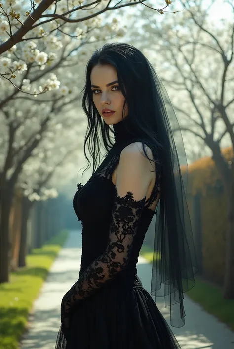 A captivating gothic woman with a piercing, mesmerizing gaze. She has long, slightly wavy black hair cascading down her back. She is dressed in an elegant, form-fitting gown adorned with light, airy details that add a touch of softness. She wears a black, ...