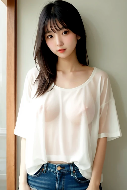 Japanese beautiful girl wearing braless shirt, masterpiece, perfect face, shirt stuck, white T-shirt,  nipples see through, Denim shorts, whole body shot, beautiful Japanese girl, 