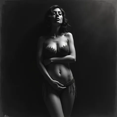 Create a charcoal sketch of a beautiful belly dancer is standing in dark room, nude, big breast, flat belly, big ass, hide her breast by arm, close up.