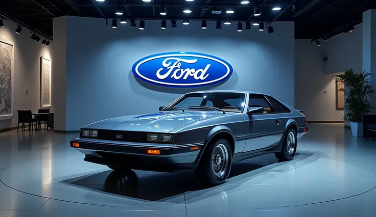 In sleek showroom 1988 Ford Capri in back wall logo Ford