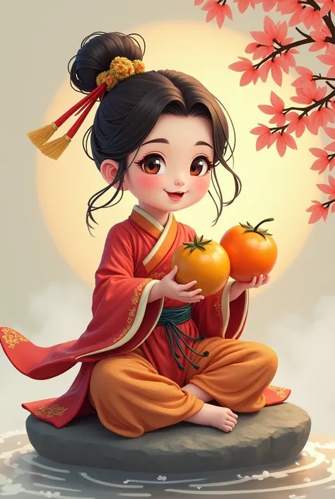  Chinese style , Martial arts, Female beauty,  with wild eyes holding a loquat,  smiling , Playing loquat,  Chinese style  산수도 배경, Sitting on a small rock in the center,  animated picture holding a wave, 