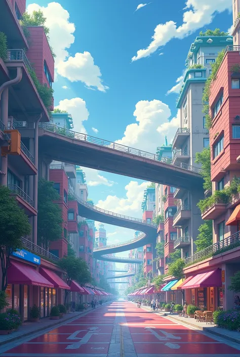 The roadway has flyovers and anime-style shops ready to take you to light and shadow, without people, light, orange, pastel.