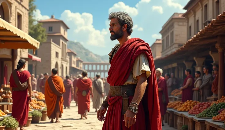 Emperor Marcus Aurelius with graying hair, 50, walking through a busy Roman market, interacting with traders, farmers and ren. His posture is humble yet majestic, wearing traditional Roman attire in shades of red and brown. The market is lively, full of fr...