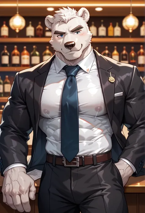 (Best quality),(materpiece), (Bara), (furry), ((Muscular polar bear in tight white shirt and tie, along with a fancy black suit)), in the bar, (sexy), handsome, ((portrait)), (huge muscular pec),(anime style),(veiny arm),(cute)