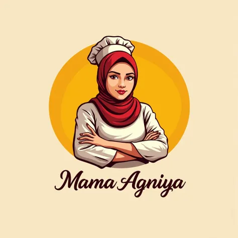 Letter *Mama Agniya* as a logo, exudes Food and Beverage logo, Cullinary logo, red and yellow logo, the icon is chef hijaber