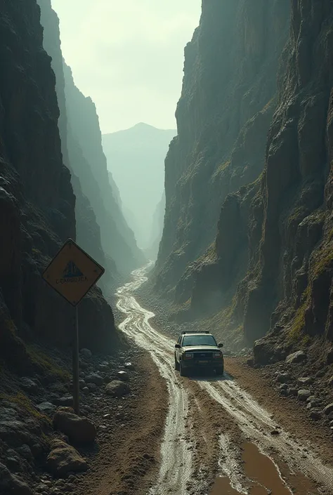 A narrow muddy path with tire ruts that crosses the gap between two cliffs and with a car carefully crossing, with a large sign at the start that says" make good ruts in life"