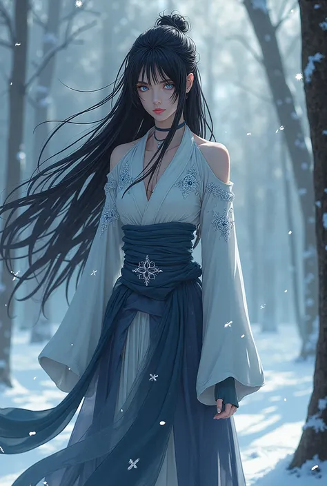 A beautiful woman from the Yuki clan inspired by Naruto's aesthetic, with long black hair and striking white eyes. She is tall, slender, and elegant, with a toned figure. Her outfit combines traditional ninja attire with modern touches, featuring icy patte...