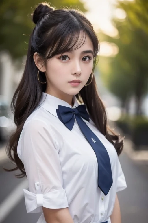   Brownish Black Hair  ,  dark eyes,  white skin,  face like a goose egg , atmospheric facial features ,  tall , Confident、Powerful,  toned and plump,  high school girl,  school uniform, Curly Hair, Hair Bun, With hairpin, Red Rose, Blue Butterfly, White R...