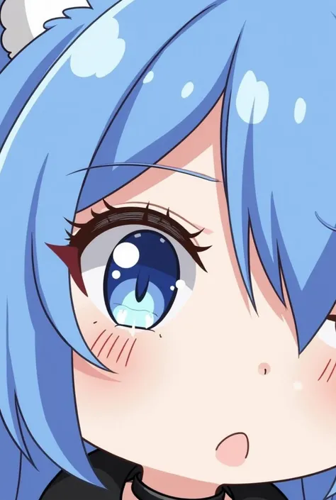 face close-up, chibi, crying, tears, tears like peas 1 girl, Lumine \(genshin influence\), solo, blue long hair, blue cat ears, close eye, hair between eyes, black choker, looking at viewer, light skin, blush, simple background, despair on face