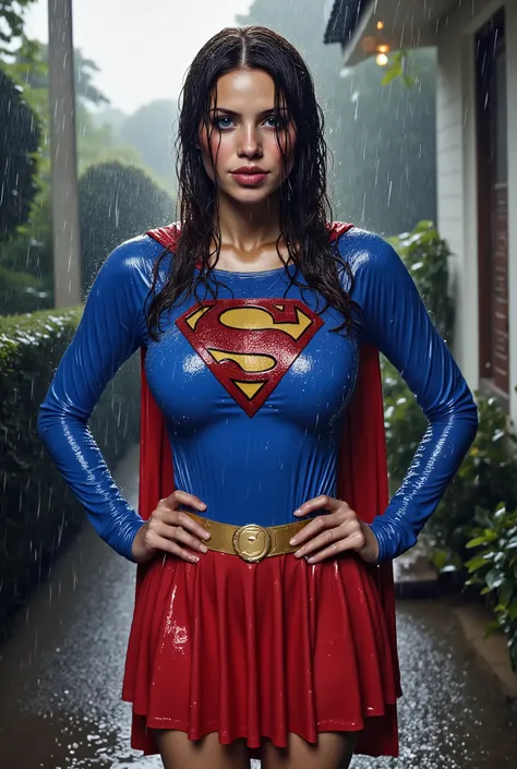 JAPANESE GIRL (WEARING A SUPERGIRL COSTUME AND CAPE) A VERY SEXY BLUE EYED, BLACK JAPANESE GIRL WEARING A SUPERGIRL COSTUME AND CAPE. SOAKING WET FROM THE RAIN OUTSIDE THE FRONT PORCH POUTING. COMPLETELY SOAKED AND WET.4K, 8KHAIR AND CLOTHESB AND CAPE DREN...
