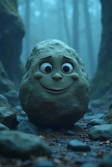 A dark cool animated rock with eyes and a smile