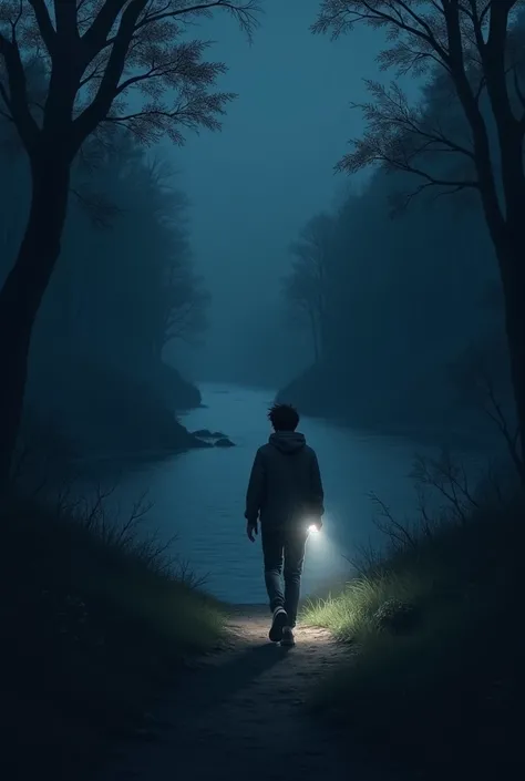 The 20-year-old boy approaches a river with a flashlight in his hand at night and all dark