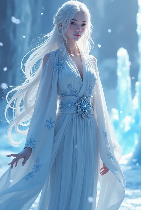 An ethereal woman of the Yuki clan, embodying the serene beauty of ice and snow. She has flowing, waist-length silver hair with soft, frosty blue undertones that shimmer in the light. Her eyes are a piercing crystalline white, resembling freshly fallen sno...