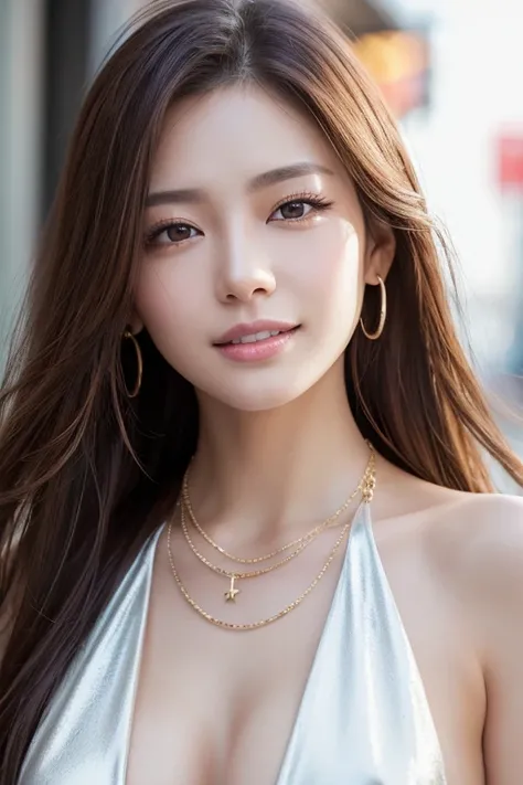  sexy japanese model , Perfect dynamic composition of a beautiful and beautiful woman 、美しいsmile,  lip gloss ,  Dramatic Makeup ,  closeup photo , (( Big Sparkling Necklace )), ((big shiny bracelet)), Daytime scene,  against a large shopping mall,  that imp...