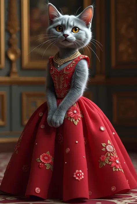 Crimson Elegance: A sleek Russian Blue cat wearing a crimson silk ball gown with gold and ruby floral embroidery, pearl drop earrings, red stilettos, and an intricate braided updo.
