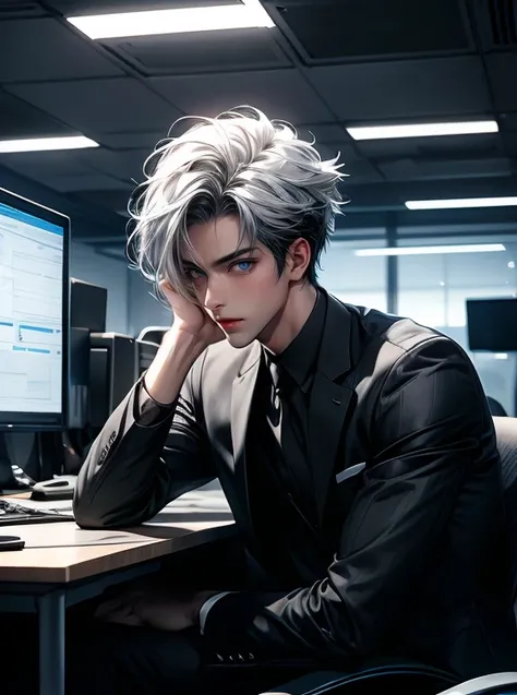 1 handsome man, yeah, perfect handsome, serious expression, thirty years old ,arms on his work desk, sitting on his office chair, in a white and black colored futuristic office, Personal private office, wd black clothes, white and black hair ( white hair w...