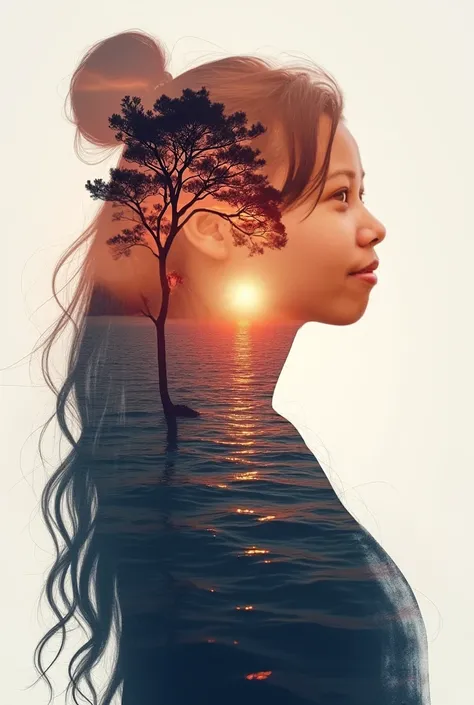 high quality, 8K Ultra HD, A beautiful double exposure that combines an goddess silhouette with sunset coast, sunset coast should serve as the underlying backdrop, with its details incorporated into the goddess , crisp lines, The background is monochrome, ...