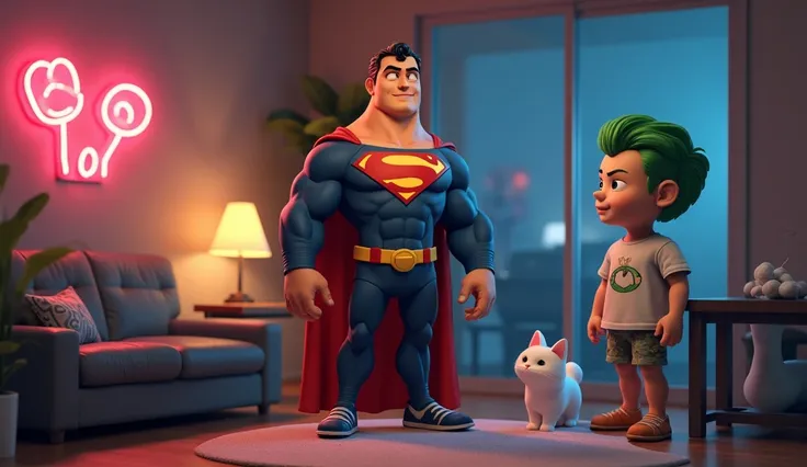 Bald Superman in a tracksuit without a raincoat, Batman in pajamas and slippers, Joker in army shorts and t-shirt,  apartment ,  glass table , porcelain cat , white pebbles, Tip Top lamp, neon,  cartoon style 2D 