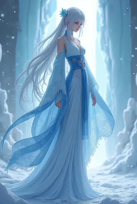 An ethereal woman of the Yuki clan, embodying the serene beauty of ice and snow. She has flowing, waist-length silver hair with soft, frosty blue undertones that shimmer in the light. Her eyes are a piercing crystalline white, resembling freshly fallen sno...