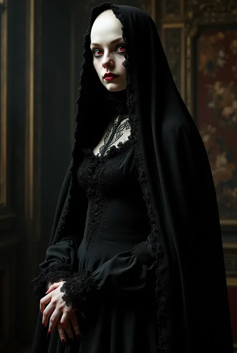 Nosferatu the vampire ,  hyper realism, old baroque black clothing with lace and lechuguilla, He stares at us fiercely, immutable and threatening face,  in an interior room without light, with black Gothic moldings , very long nails.  A long veil with red ...