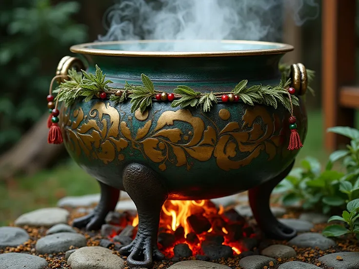 Womb of Herbs: An imposing cauldron made of aged bronze, with tones that vary between worn gold and emerald green from natural oxidation, rests in a corner. Their surface is marked by intricate carvings of leaves, roots and branches that seem to dance in t...