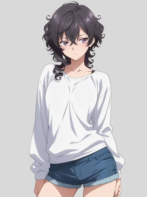 score_9, score_8_up, score_7_up,  source_anime, masterpiece, best quality, anime screencap,source_anime, anatomically correct,
simple background,gray background,cowboy shot,
(curly hair),medium hair,asymmetrical hair,parted bangs,crossed bangs,
contrappost...