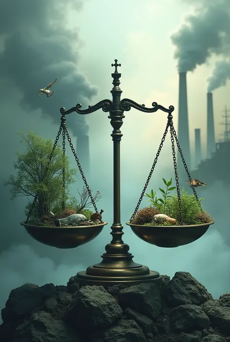 A pair of scales: one side is heavy with smoke, pollution, and dead trees; the other side is light and glowing with greenery, water, and animals. Text: “Tip the Balance for the Planet