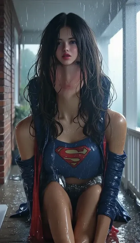 JAPANESE GIRL (WEARING A SUPERGIRL COSTUME AND CAPE) A VERY SEXY BLUE EYED, BLACK JAPANESE GIRL WEARING A SUPERGIRL COSTUME AND CAPE. SOAKING WET FROM THE RAIN OUTSIDE THE FRONT PORCH POUTING. COMPLETELY SOAKED AND WET.4K, 8KHAIR AND CLOTHESB AND CAPE DREN...