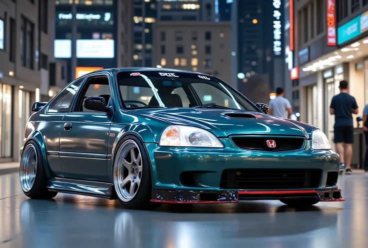 Create a cool, state-of-the-art drift car based on the 1996-2001((( Honda Civic VI coupe))), demonstrating ((modern drift tuning)). The car should have an understated fit, aggressive body kit, wide fenders, (turned-out wheels) and (cast silver sparkling al...