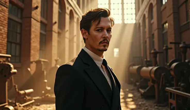 Cinematic and Photorealistic shot of handsome Professor James Moriarty is standing in the dust-filled expanse of an abandoned Victorian-era factory. (Focus on his face)