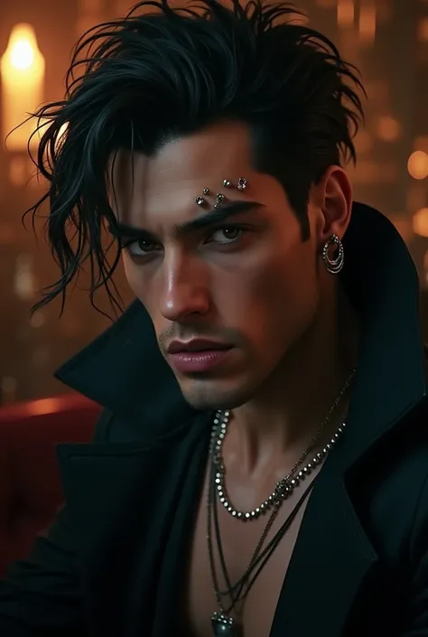 Decadent male character with black hair and piercings