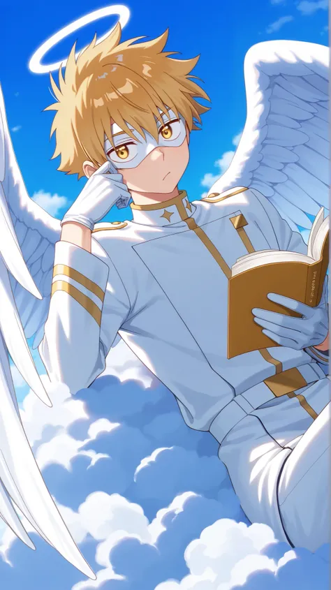 Full pure White hero masked men anime, solo, male focus,white angle uniform,white mask,white eye mask,glove,angel,1boy,male focus,big white angel wing,angel halo,golden eyes,day sky clouds heaven bankground,inuzuka shuu, blonde,male focus,playful,resting o...