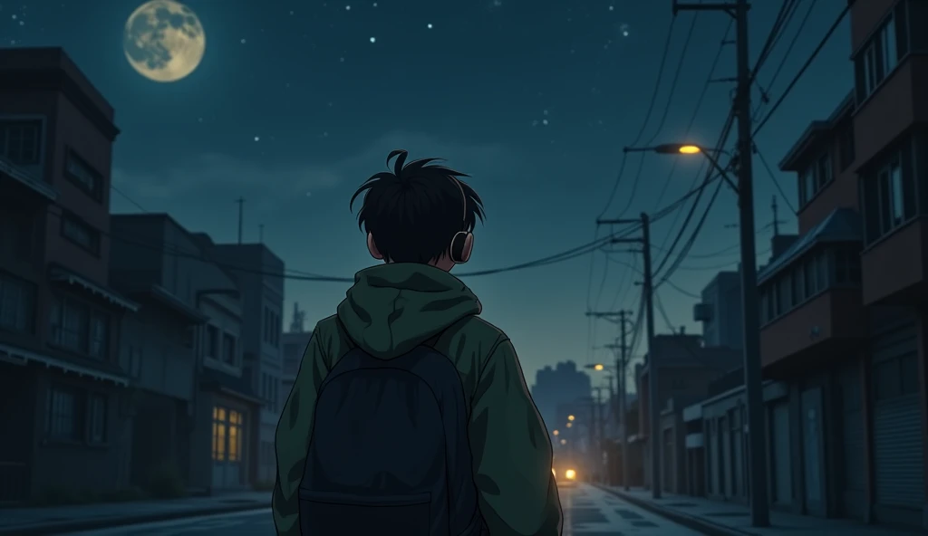 Back View of a Modest Aged Boy  ,  City Night  、 Wearing Headphones While Walking Along Sidewalk,    detailed face,    beautiful eyes,   exist, photo  exist,    High Quality   , 8k,    More details, masterpiece,    dramatic lighting,      Moody Atmosphere ...