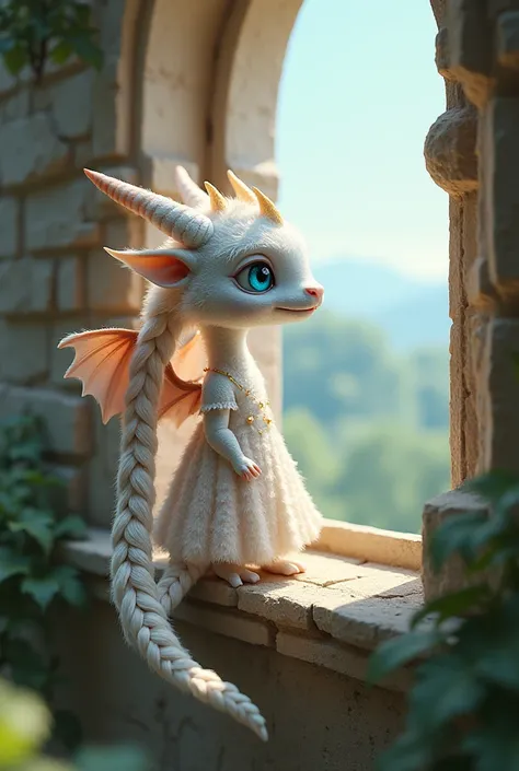 A small, very fluffy, cute white dragon girl with big shiny blue eyes, little horns and dragon wings. She is wearing a festive, beautiful summer dress. She is standing by the window of a tall fairy-tale tower and looking out. Her hair is braided in a very ...