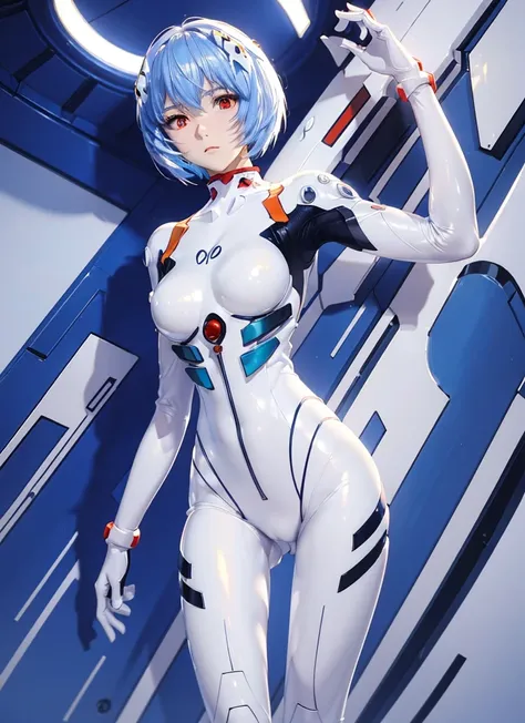 (masterpiece,  best quality,  very detailed, 8k,  wallpaper,  is present), (( perfect hand)), (( perfect anatomy)),  moderate chest opening , length, Round legs, round ass, (( charming anime girl)), ((Rei Ayanami)), ((Mysterious beauty with her white skin ...