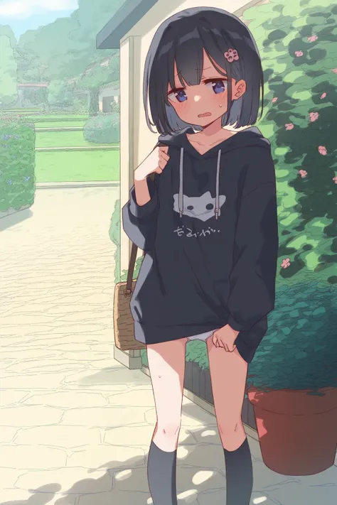 Young girl,, black hair,Erotic,nsfw,Petite,Young,Young girl体型, ,outside,, oversized, large black hoodie, moe sleeve, embarrassing,garden, Petite,blush, embarrassing,blush, is standing, embarrassed,,sweat,sweat, is sticking out the shoulders,Expose one shou...