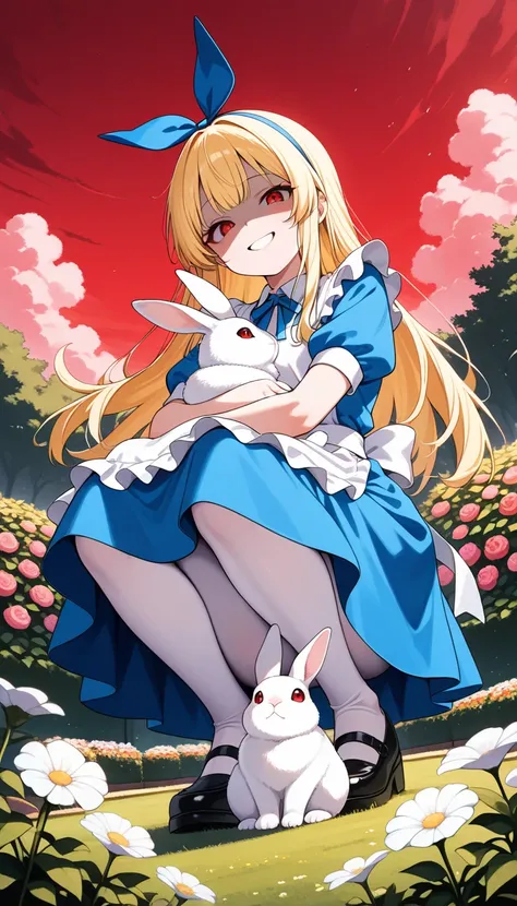 1girl, alice, alice_in_wonderland, white apron, blue dress, white pantyhose,mesugaki smile grin,shaded face, squatting, white rabbit on her lap,  holding white rabbit, hug, outdoor, garden, flower,from below,pov,hair ribbon,red sky,red eyes,