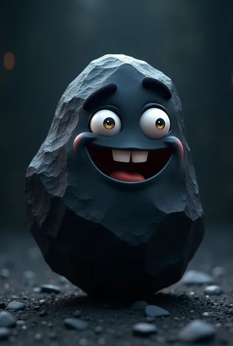 A super black cool animated rock with normal eyes and is happy and the background is dark