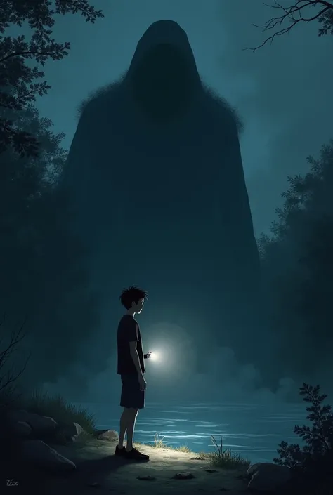 Behind the 20-year-old boy you can see a dark shadow near the river and the boy with his flashlight