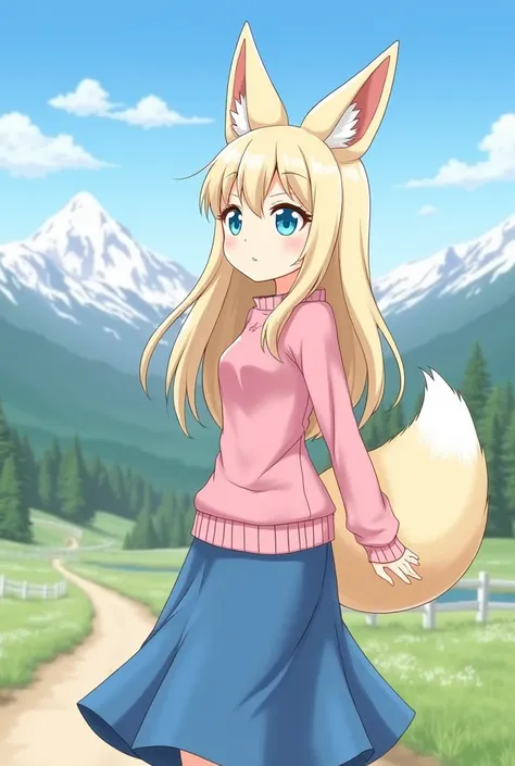 A girl in anime style with massive fennec ears and a big fluffy tail, long blonde hair, and blue eyes, wearing a pink sweater and a long blue skirt, is walking in beautiful outdoor scenery with snow-capped mountains in the background.