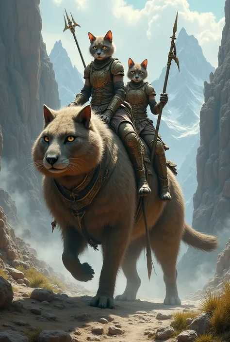 Cat horsemen riding a mountain rat 