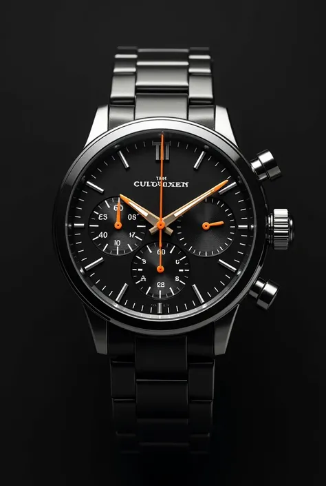 create an image of a modern watch with 2 subdials with orange needles but silver numerics that is mechanical (not a smart watch) in black matte color with the dial black too, watch case being silver or gold, and needles silver. there should be Italian nume...