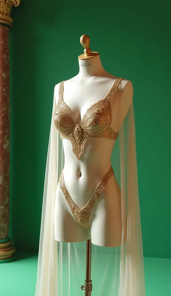 An exquisitely detailed mannequin torso showcasing a futuristic monokini design, tailored for a sophisticated yet bold look. The monokini is sleek and form-fitting, adorned with intricate gold embroidery and shimmering embellishments that catch the light b...