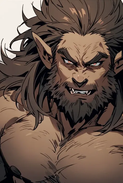 werewolf, and he has slightly pointy ears and a brown tail. He’s buff. His hair is a medium brown color, and he has facial hair, as well as hair on his arms and chest. His eyes are dark blue.