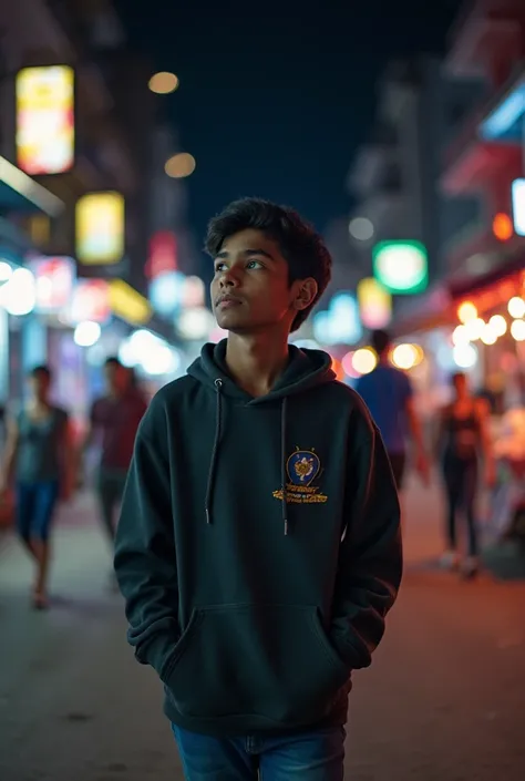 A young Indian boy, around 19 years old, with short black hair, wearing a casual hoodie and jeans, walking alone through the busy streets of Davao, Philippines. The city is alive with neon lights, street vendors, and bustling people. Arjun looks contemplat...